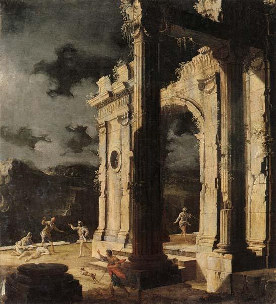 An architectural capriccio with figures amongst ruins,under a stormy night sky